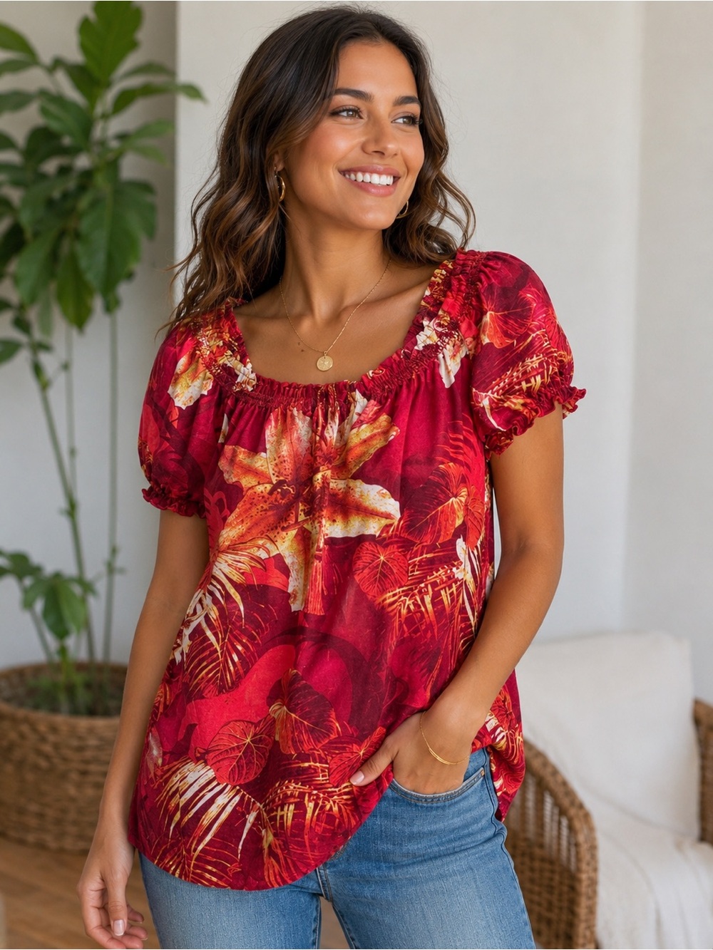 Lucky Brand Floral Tropical Print Top Blouse Size XS Extra Smalll